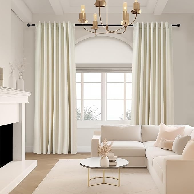 Topfinel Cream Black Out Curtains 96 Inch Long, 100% Blackout Thermal Insulated Natural Linen Pinch Pleat Viral Drapes with Hooks 2 Panel Sets, Burlap 8FT Back Tab Curtains for Living Room Bedroom