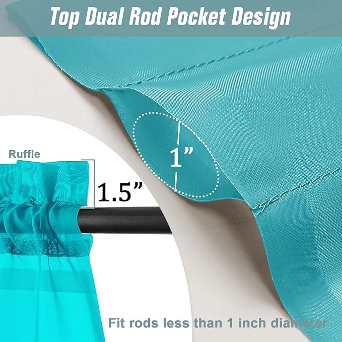 Turquoise Sheer Curtains 90 Inches Long 2 Panels, Light Filtering Solid Sheer Curtains for Bedroom Living Room, Lightweight Soft Airy Voile Sheer Drapes, Dual Rod Pocket, 2x42Wx90L Inches