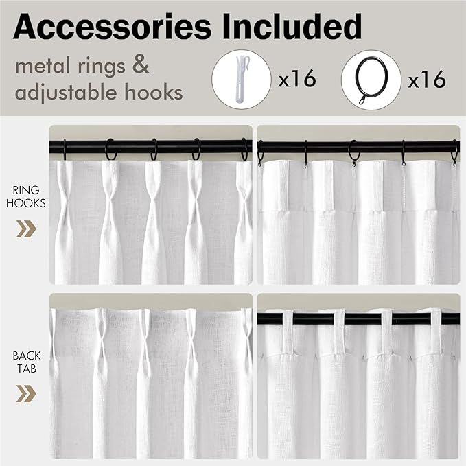 MIULEE Pinch Pleated White Thick Linen Curtains 90 Inches Long 2 Panels, Linen Texture Memory Trained Drapes for Living Room Bedroom, Pinch Pleat Back Tab Light Filtering Farmhouse Window Curtains