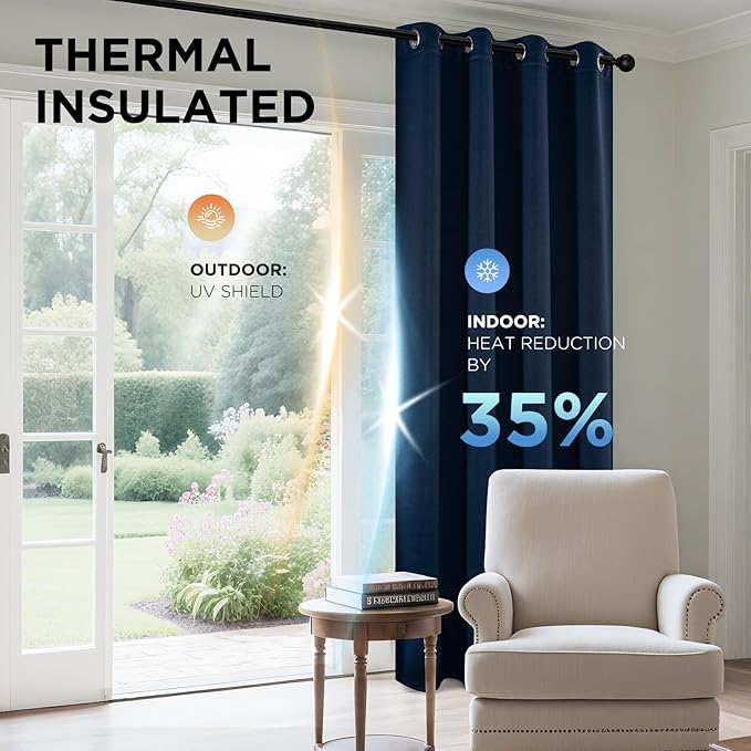 Joydeco Blackout Curtains 90 Inches Long 1 Panel, Thermal Insulated Long Curtains& Drapes 1 Piece, Room Darkening Grommet Drapes for Living Room Bedroom Window (W70 x L90 Inch, Navy Blue)