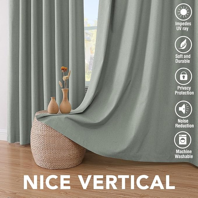 H.VERSAILTEX Linen Blackout Curtains 63 Inches Long 100% Blackout Thermal Insulated Textured Linen Look Curtain Draperies Anti-Rust Grommet, Energy Saving with White Liner, 2 Panels, Green Bay
