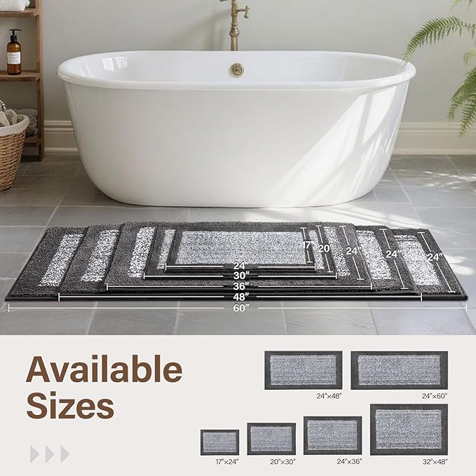 Long 2x4 Ft (48''x24'') Runner Rug for Bathroom,Non Slip Washable Large Kitchen Rugs Bath Rugs, Soft Absorbent Quick Dry Bath Mats for Shower, Hallway,Laundry, Tub(Grey)