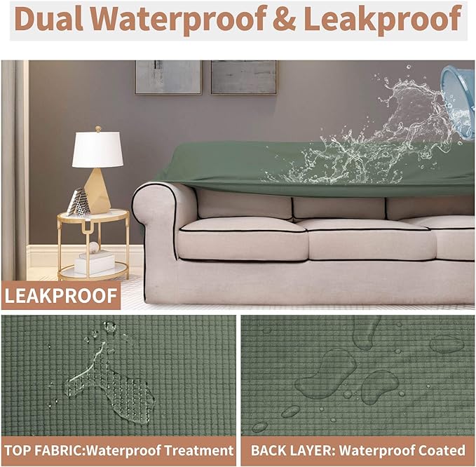 Easy-Going 100% Waterproof Oversized Chair Couch Cover, Dual Waterproof Sofa Cover, Stretch Jacquard Sofa Slipcover, Leakproof Furniture Protector for Kids, Pets, Grayish Green