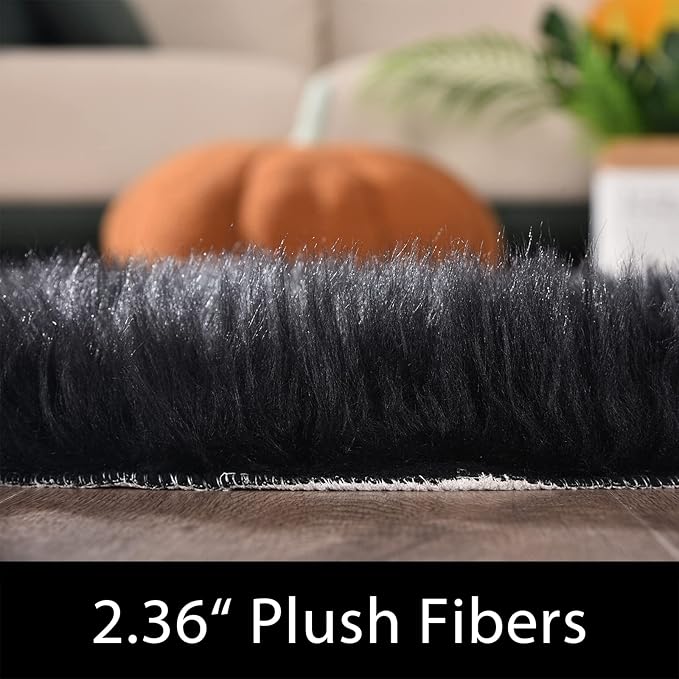Latepis Black Runner Rugs 2x6 Faux Sheepskin Fur Rug for Bedroom Shag Shaggy Furry Rug for Living Room Dorm Soft Rugs Home Décor