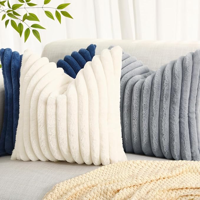 decorUhome Cozy Faux Fur Throw Pillow Covers 16x16 Set of 2 Decorative Soft Plush Striped Modern Farmhouse Boho Couch Pillow Cases with Velvet Back for Sofa Bed Living Room, Blue