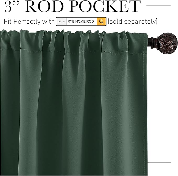 RYB HOME Blackout Curtains for Bedroom Living Room 72 inches Long, Thermal Insulated Privacy Rod Pocket Drapes for Nursery Office Home Theater, Width 42 by Length 72, Dark Green, 2 Panels