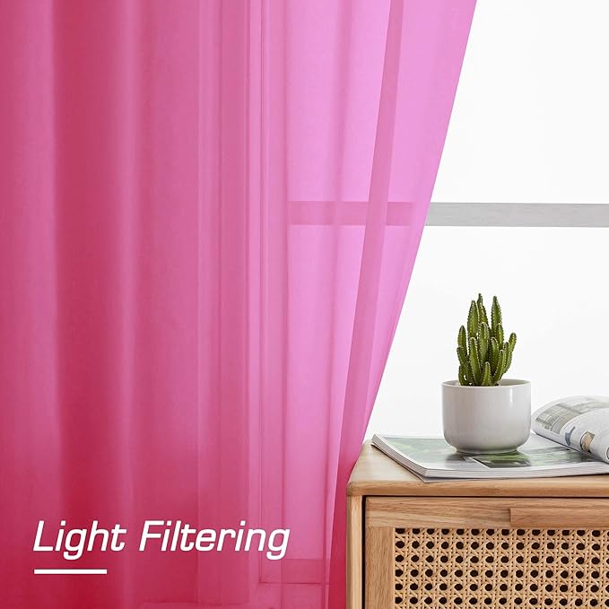 OWENIE Hot Pink Sheer Curtains for Bedroom Living Room 72 Inches Long 2 Panels Set, Modern Light Filtering Sheer Curtain Rod Pocket Clear Drapes for Window Sliding Door, Hot Pink, Each 42 x 72 Inch