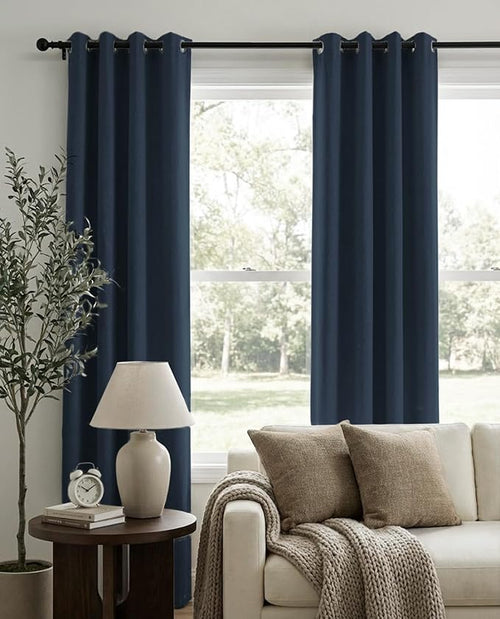 100% Blackout Shield Linen Blackout Curtains for Bedroom, Navy Blue Grommet Curtains for Living Room, Thermal Insulated Room Darkening Drapes for Nursery, Boho Home Decor, 50" W x 96" L, 2 Panels
