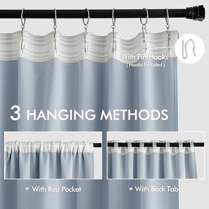 MIULEE Light Blue Back Tab Blackout Curtain 96 Inch Long 2 Panels Set for Bedroom, Rod Pocket/Pinch Pleat Thermal Insulated Living Room Darkening Pleated Light Blocking Floor to Ceiling Drape