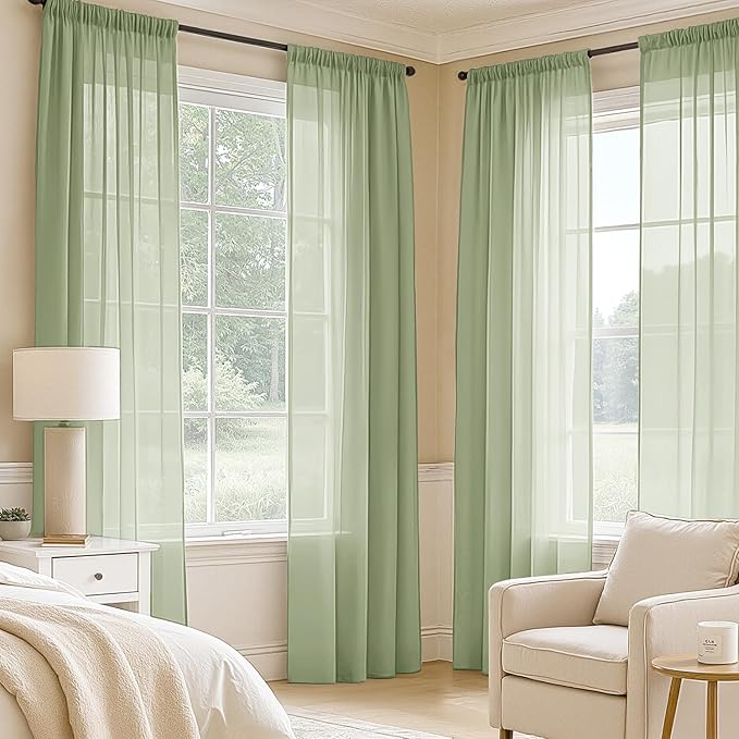 MIULEE Sage Green Sheer Curtains 72 Inches Long, 4 Panels Set, Light Filtering Rod Pocket Voile Drapes Window Treatments, Semi Transparent Airy Fabric for Bedroom and Living Room, 42 x 72 Inches