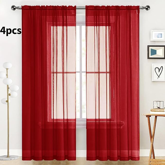 SpaceDresser Christmas Red Sheer Curtains 4 Panels Rod Pocket Semi-Sheer Curtain 96 Inches Long Light Filtering Voile Window Drapes for Bedroom Living Room Kitchen, Each 52W x 96L
