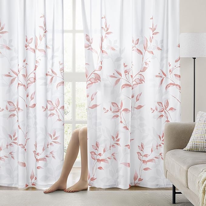 HOMEIDEAS Non-See-Through Pink and White Privacy Sheer Curtains 52 X 96 Inches Long 2 Panels, Leaf Floral Printed Light Filtering Semi Sheer Window Curtains Drapes for Bedroom Living Room