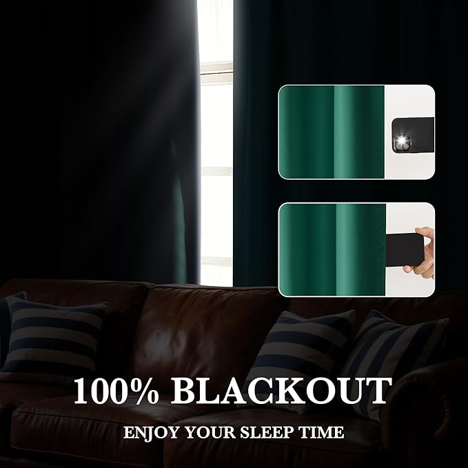 RYB HOME 100% Blackout Bathroom Curtains Over Sink 24 inches Long, Heat & UV Blocking Total Room Darkening Noise Reducing Curtains for Basement RV Campers, Dark Green, 2 Panels Set