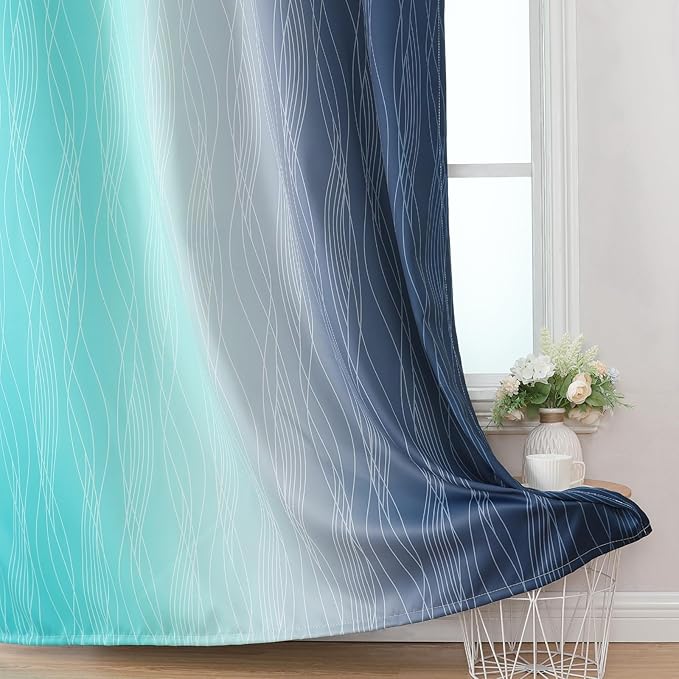Estelar Textiler Navy Blue and Teal Ombre Blackout Curtains 90 Inches Long 2 Panels for Living Room, Thermal Insulated Drapes for Bedroom, Full Room Darkening Grommet Curtains for Sliding Door,52Wx90L