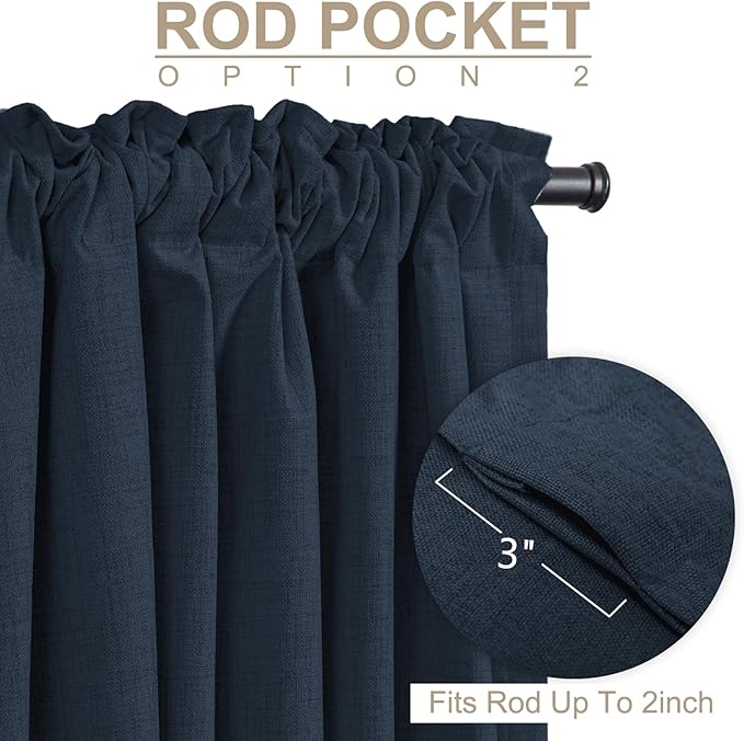 100% Blackout Shield Linen Blackout Curtains for Bedroom 90 Inches Long, Back Tab/Rod Pocket Living Room Drapes, Thermal Insulated Blackout Curtains 2 Panels Set, 50" W x 90" L, Navy