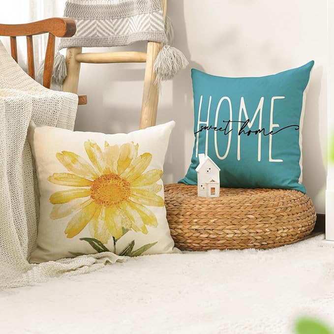 AVOIN colorlife Home Sweet Home Spring Summer Flowers Yellow Throw Pillow Covers, 20 x 20 Inch Blue Cushion Case for Sofa Couch Set of 4