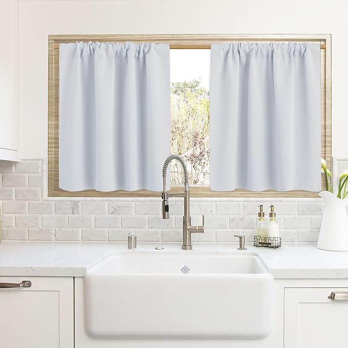 RYB HOME Cafe Curtains 24 inch Length, RV Curtains for Camper Windows, Mini Short Small Insulating Light UV Heat Blocking Privacy Half Window Tiers, Width 42 by Length 24, Greyish White, 2 Panels