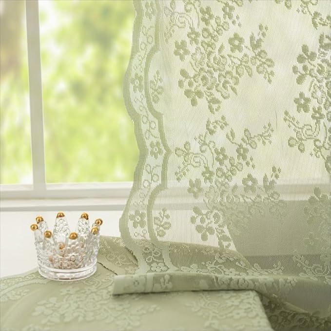 YJ YANJUN Vintage Lace Curtains 45 Inch Length-Victorian Floral Pattern Sage Green Sheer Curtain Panels for Living Room Bedroom,Light Filtering Spring Summer Cottage Core Drapes 2 Panels 52W x 45L