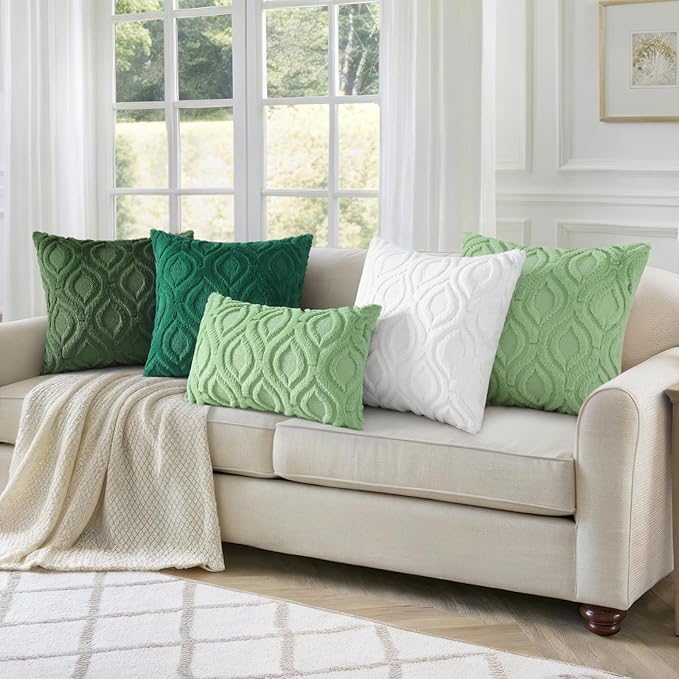decorUhome Throw Pillow Covers 16x16 Inch Set of 2, Soft Plush Faux Wool Green Solid Couch Pillow Covers, Accent Farmhouse Neutral Square Pillow Cases for Sofa Bed Living Room
