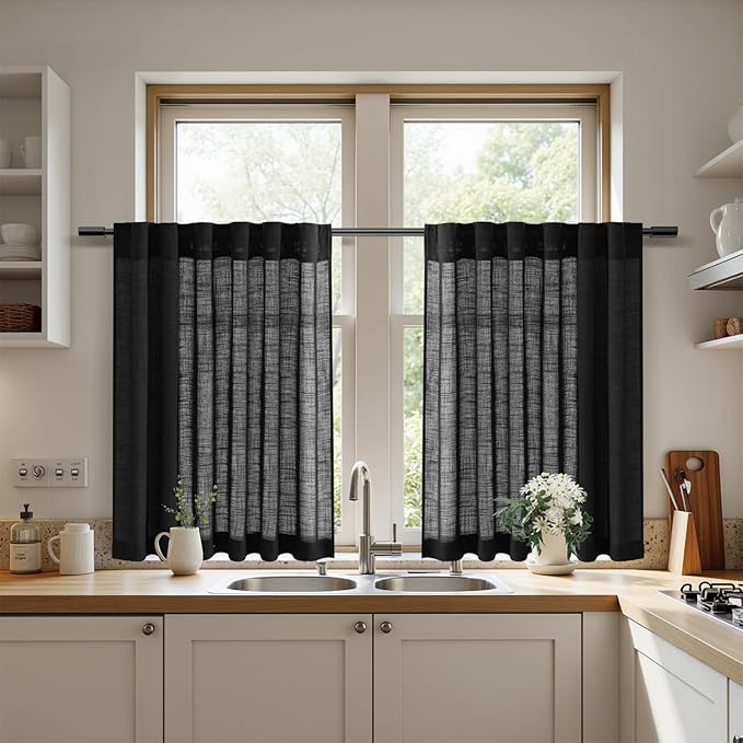 Nanspring Short Linen Curtains 36 Inch Length for Kitchen Windows Over Sink Black Privacy Panels Back Tab and Rod Pocket Neutral Curtains for Cafe/Basement 26 x 36 Inch,2 Panels