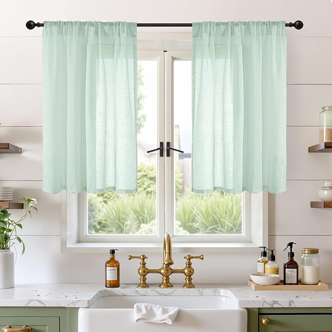 BGment Sage Green Linen Curtains 36 Inch Length for Kitchen Window - Small Drapes Light Filtering for Cafe Bathroom Decorative Lightweight Natural Rustic Rod Pocket, 2 Panels Set, 42 X 36 Inch