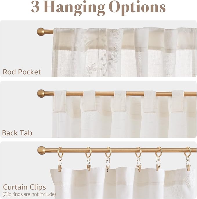 jinchan Belrose Linen Floral Kitchen Curtains 36 inch Length Embroidered Farmhouse Cafe Curtains for Living Room Bathroom Small Windows Curtain Set Sheer Light Filtering 2 Panels White