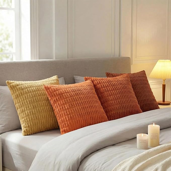 Fancy Homi Set of 4 Burnt Orange Fall Decorative Throw Pillow Covers 16x16 Inch for Couch Bed Chair, Modern Farmhouse Boho Room Decor, Soft Fuzzy Corduroy Textured Striped Cushion Case 40cm