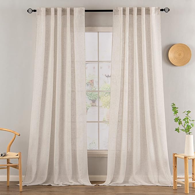 MIULEE Natural White Linen Curtains 98 Inch Length 2 Panels for Bedroom Living Room, Soft Thick Linen Textured Window Drapes Semi Sheer Light Filtering Back Tab Rod Pocket Burlap Look Decor