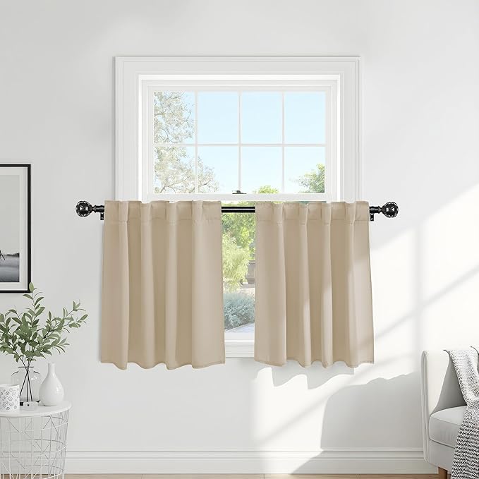 PONY DANCE Beige Blackout Curtains - Kitchen Window Drapes Short Heavy-Duty Soft Rod Pocket Curtain Draperies/Window Treatments for Nursery Bedroom, W 42 x L 30 Inches, Biscotti Beige, 2 Panels
