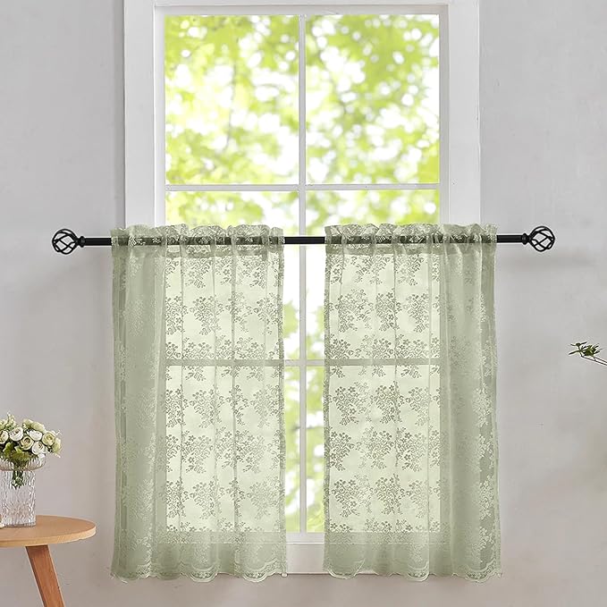 YJ YANJUN Vintage Lace Curtains 30 Inch Length-Victorian Floral Pattern Boho Sage Green Kitchen Window Curtains Over Sink Set of 2 Camper Window Privacy DrapesThat Let Light in Spring
