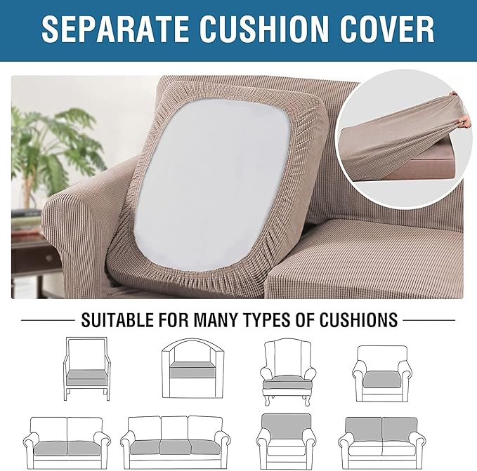 H.VERSAILTEX 4 Piece Stretch Sofa Covers for 3 Cushion Couch Covers for Living Room Furniture Slipcovers (Base Cover Plus 3 Seat Cushion Covers) Thicker Jacquard Fabric (Large Sofa, Sand)