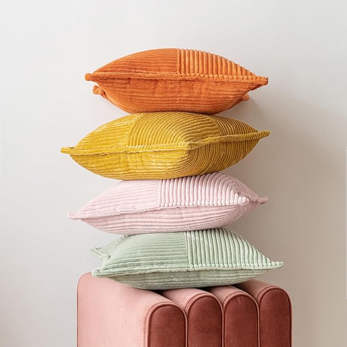 MIULEE Spring Decorative Throw Pillow Covers for Couch Bed Livingroom 16x16 Inch Set of 2 Pink Boho Accent Throw Pllows Broadside Striped Patchwork Soft Corduroy Pillowcases Valentine Decor