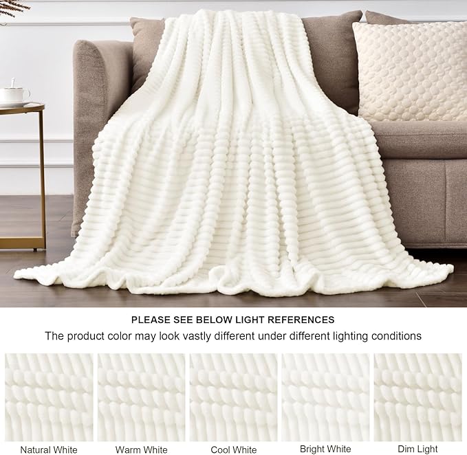 BEDELITE Fleece Blanket Full Size – 3D Ribbed Jacquard Soft and Warm Decorative Fuzzy Blankets – Cozy, Fluffy, Plush Lightweight Throw Blankets for Couch, Bed, Sofa(Cream, 84x90 inches)