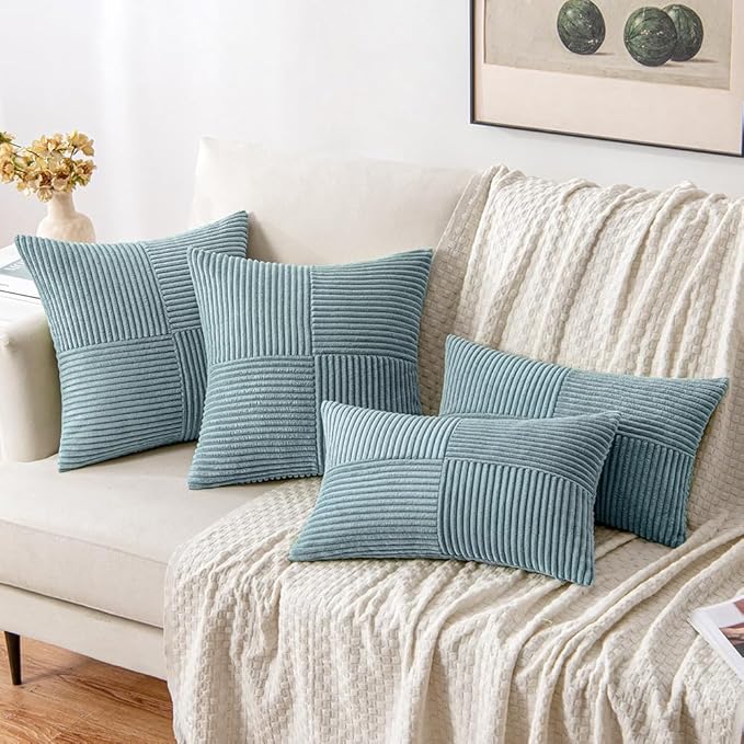 MIULEE Sky Blue Decorative Throw Pillow Covers 20x20 Inch for Couch Bed Sofa Pack of 2 Boho Farmhouse Throw Pillows Soft Cross Corduroy Patchwork Textured Cushion Cases