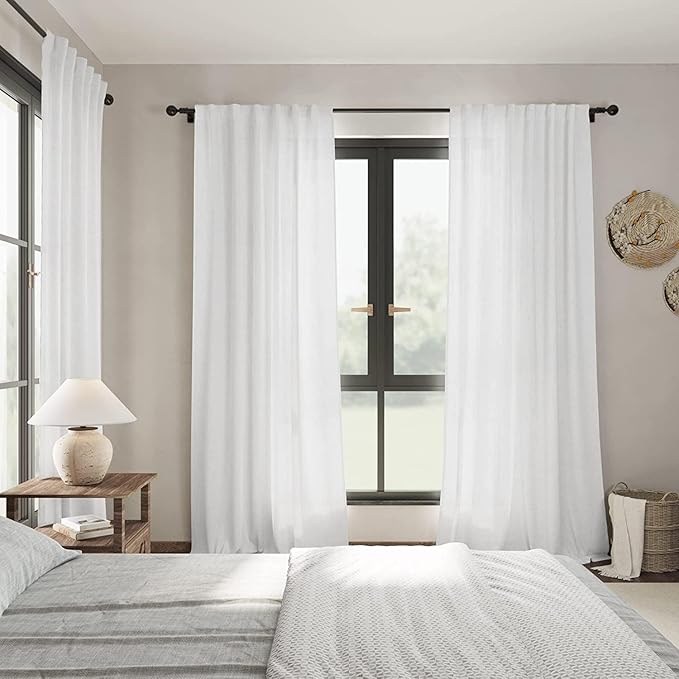 Nanspring White Linen Curtains 83 Inch Length 2 Panels Set for Living Room Back Tab Rod Pocket Semi Sheer Window Curtain Drapes Neutral Rustic Farmhouse Decor Dining Room Curtain 52x83