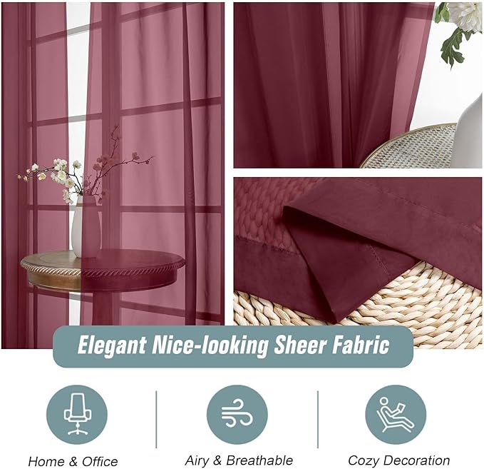 Burgundy Sheer Curtains for Windows 108 inches Long 2 Panels Set, Soft Lightweight Light Filtering Drapes for Living Room Bedroom, Dual Rod Pocket Sheer Curtains, 2x42Wx108L inches