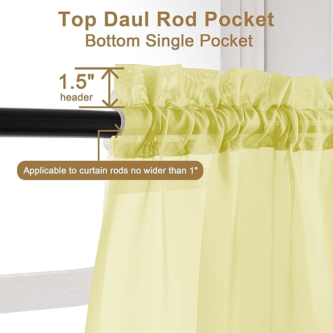 Chyhomenyc Sheer Valances for Windows, Light Filtering Small Window Curtains for Living Room Bathroom Cafe Laundry Basement, Modern Top Dual Rod Pocket Voile Curtain, 42Wx14L inches, Lemon, 2 Pieces