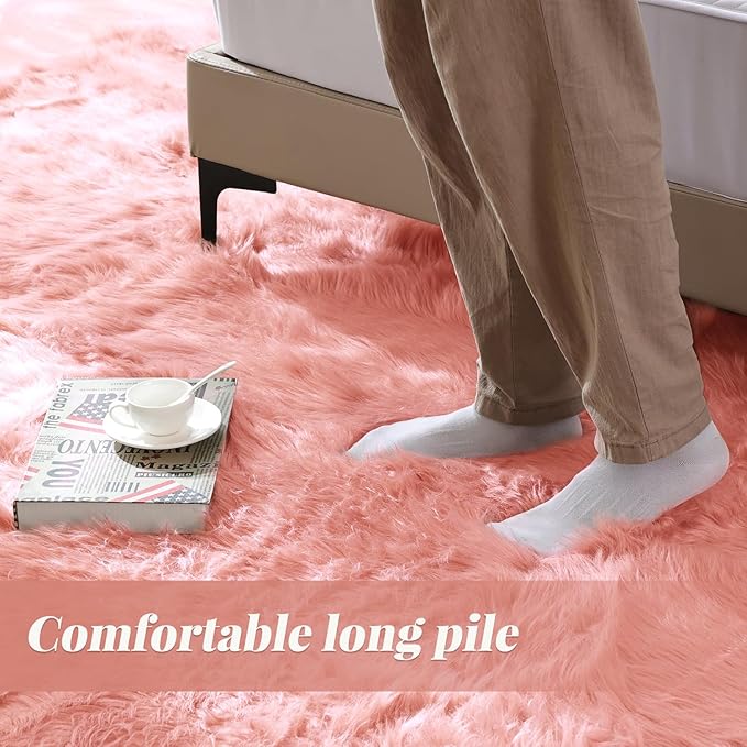 ORINOVA Pink Washable Shag Round Rugs 6.6ft Soft Plush Faux Sheepskin Fuzzy Fur Rugs for Bedroom Large Circle Fluffy Nursery Rug