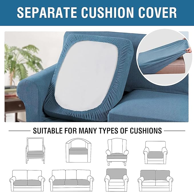 H.VERSAILTEX 4 Piece Stretch Sofa Covers for 3 Cushion Couch Covers for Living Room Furniture Slipcovers (Base Cover Plus 3 Seat Cushion Covers) Upgraded Thicker Jacquard Fabric (Sofa, Dusty Blue)