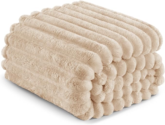 Exclusivo Mezcla Queen Size Flannel Fleece Blanket, Super Soft Striped Jacquard Bed Blanket, Lightweight Fuzzy Cozy for All Seasons, 90x90 Inches, Beige