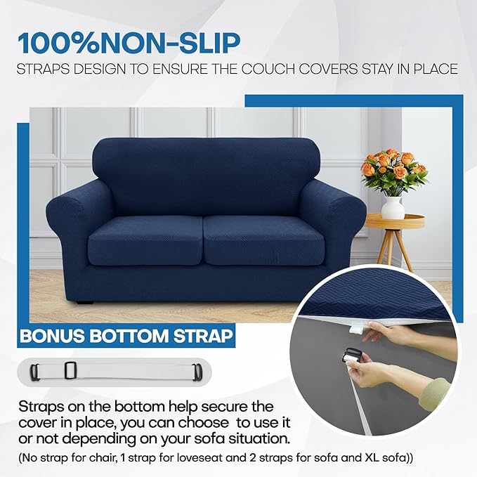 XINEAGE 2026 New 4 Pieces Couch Covers for 3 Cushion Couch Super Stretch Thick Soft Sofa Cover Anti Slip Sofa Slipcover Dogs Cats Furniture Protector (Navy Blue, 71"-91")