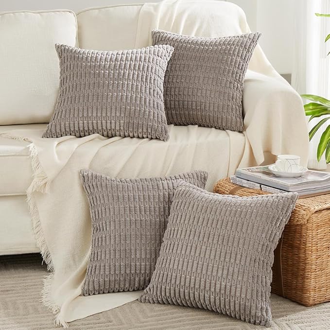 Fancy Homi 4 Packs Grey Decorative Throw Pillow Covers 16x16 Inch for Living Room Couch Bed, Rustic Modern Farmhouse Boho Home Decor, Soft Plush Corduroy Gray Cute Square Accent Cushion Case 40x40 cm