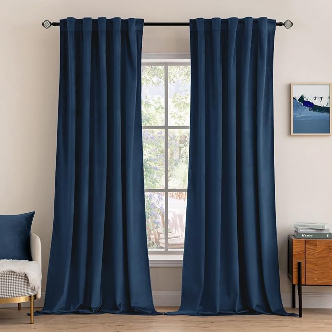 MIULEE Velvet Curtains 90 inches - Luxury Blackout Curtains for Bedroom Living Room Thermal Insulated Super Soft Window Drapes Rod Pocket & Back Tab, Navy Blue, W52 x L90 inches, 2 Panels