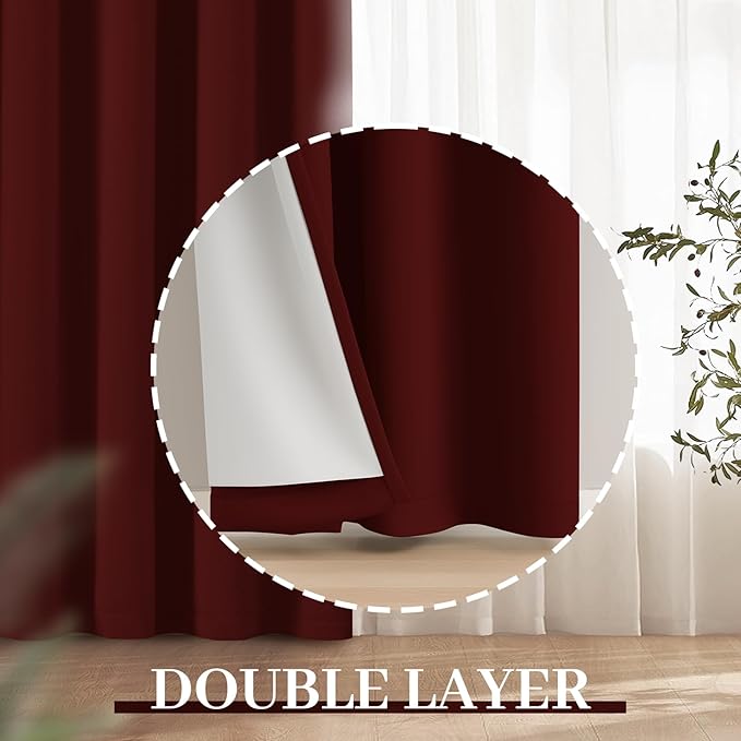 Yakamok Room Darkening 100% Blackout Curtains Grommet Window Treatments with 2 Thick Layers-Burgundy Red Thermal Insulated Drapes Set of 2 Panels for Bedroom Living Room 52 Inches by 72 Inches Length
