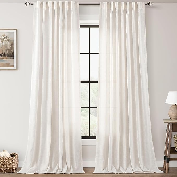 Natural Linen Curtain 100 inch Length 2 Panels Set Back Tab Light Filtering Living Room Curtain Drapes Home Office Modern Minimalist Decor Farmhouse Boho Neutral Cream Semi Sheer Curtain 100 inch Long
