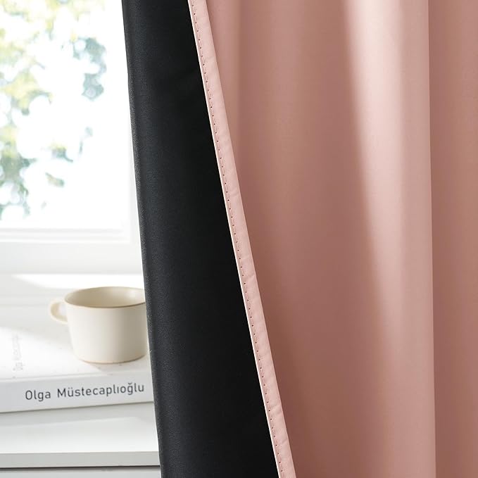RYB HOME 100% Blackout Bathroom Curtains Over Sink 24 inches Long, Heat & UV Blocking Total Room Darkening Noise Reducing Curtains for Basement RV Campers, Peach Pink, 2 Panels Set