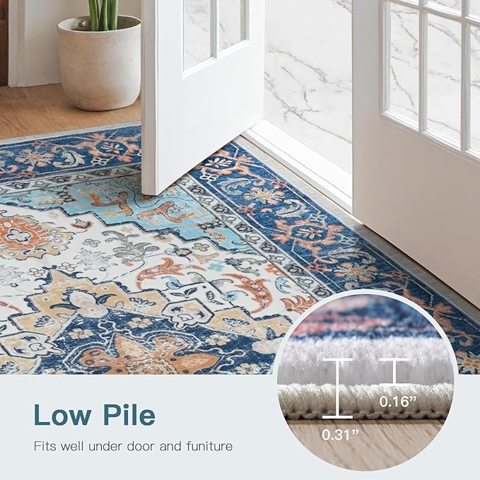 Lofus 8x10 Area Rugs for Living Room, Washable Area Rug, Rugs for Bedroom, Kitchen, Vintage Boho Carpet, Soft Non-Slip, Low Pile Large Area Rug for Office Dining Room, Floral Blue