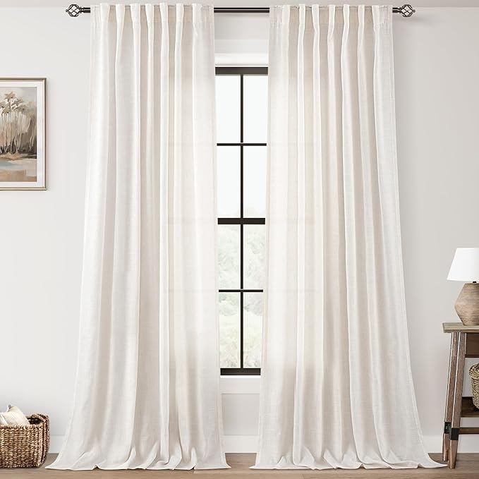 Extra Long 120 inch Curtains Linen Blend for Living Room Back Tab Neutral Rustic Farmhouse Light Filtering Semi Sheer Linen Drapes 120 inch Ceiling to Floor For Large Window Villa Hallway Ivory 10 FT