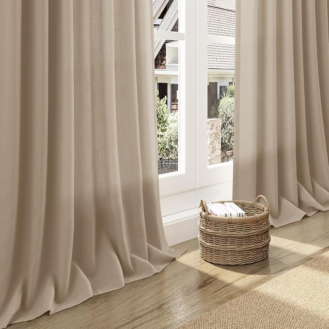 Sepia Beige Linen Curtains 120 Inches Long for Living Room Farmhouse Decor Light Filtering Semi Sheer Curtain Back Tab Neutral Extra Long Floor to Ceiling High Window for Bedroom 52x120, 2 Panels