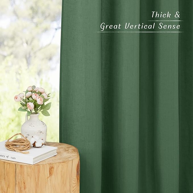 NICETOWN Short Thick Linen Curtains for Small Window, Grommet Bedroom Curtains & Drapes Privacy Added with Light Filtering Window Treatments for Bathroom, Olive Green, 2 Panels, W55 x L54